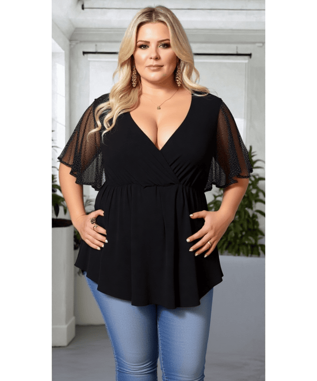 KissICON Plus Size Black Mesh Sleeve V-Neck Peplum Top