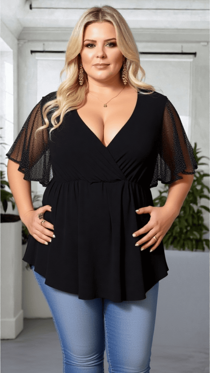 Plus Size Black Mesh Sleeve V-Neck Peplum Top