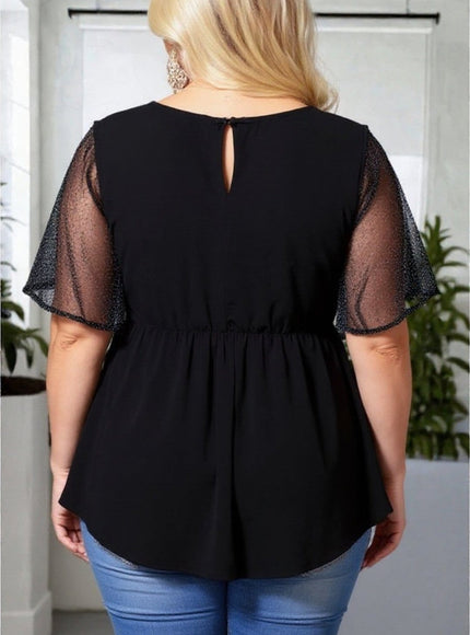 KissICON Plus Size Black Mesh Sleeve V-Neck Peplum Top