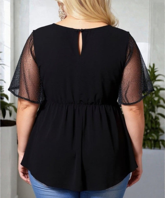 KissICON Plus Size Black Mesh Sleeve V-Neck Peplum Top