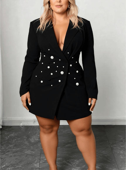 KissICON Plus Size Black Pearl Button Blazer Dress