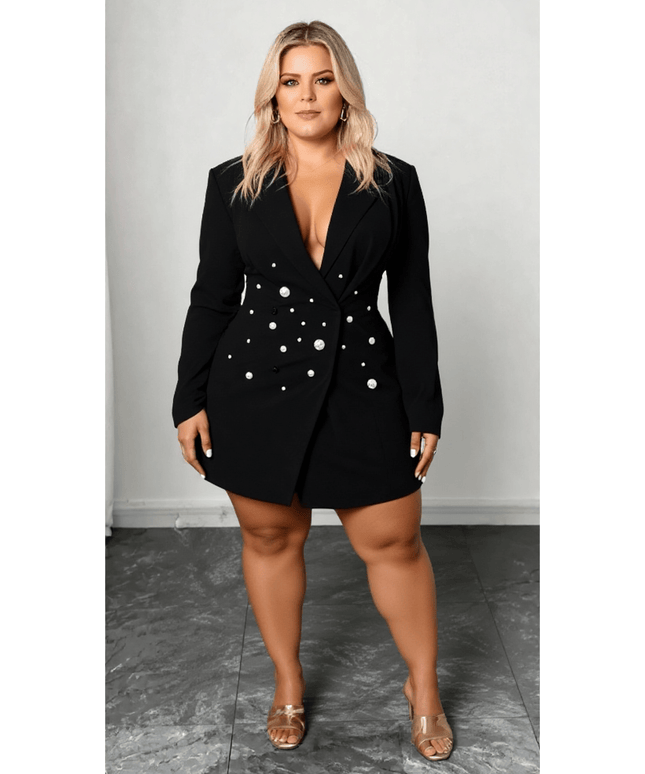 KissICON Plus Size Black Pearl Button Blazer Dress