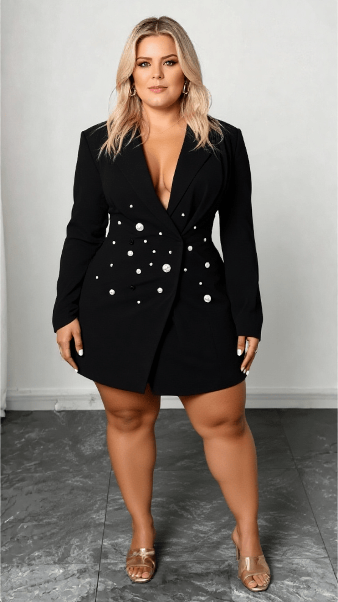KissICON Plus Size Black Pearl Button Blazer Dress