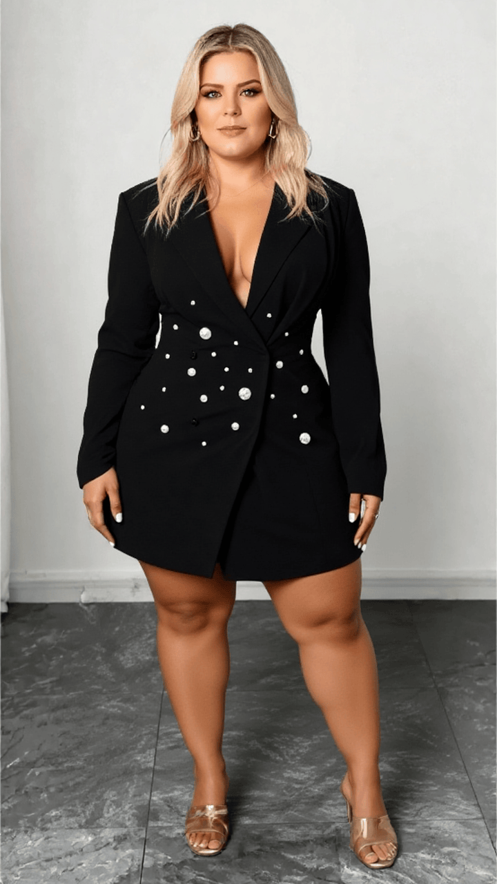 Plus Size Black Pearl Button Blazer Dress