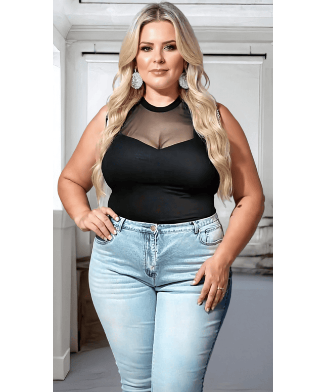 KissICON Plus Size Black Sleeveless Top with Sheer Mesh Panel