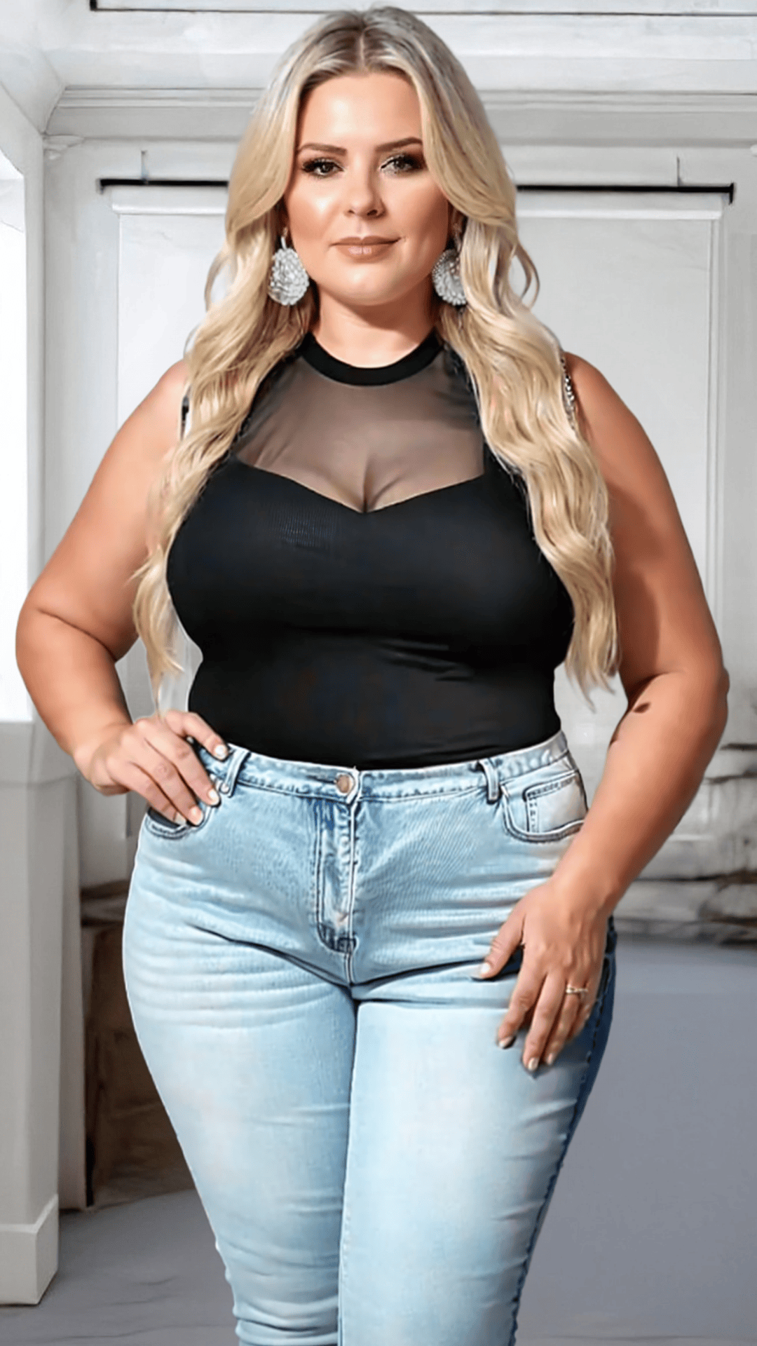 KissICON Plus Size Black Sleeveless Top with Sheer Mesh Panel