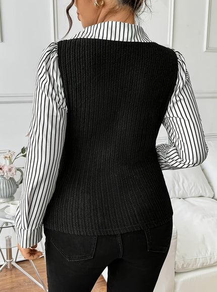 jkthpu-45 Plus Size Black Striped Lapel Collar Blouse – Long Sleeve Button-Up