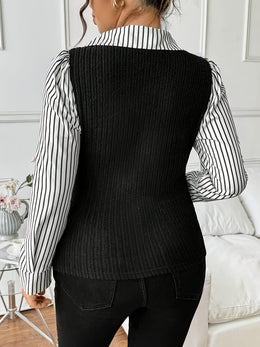jkthpu-45 Plus Size Black Striped Lapel Collar Blouse – Long Sleeve Button-Up