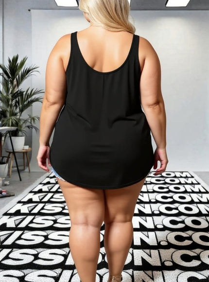 KissICON Plus Size Black Tank Top with Leopard Print Pocket & Straps
