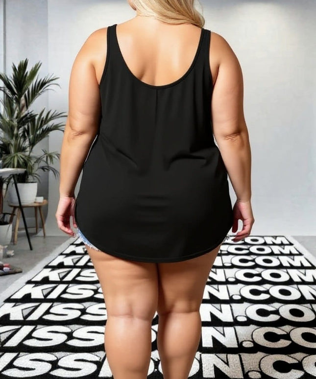KissICON Plus Size Black Tank Top with Leopard Print Pocket & Straps