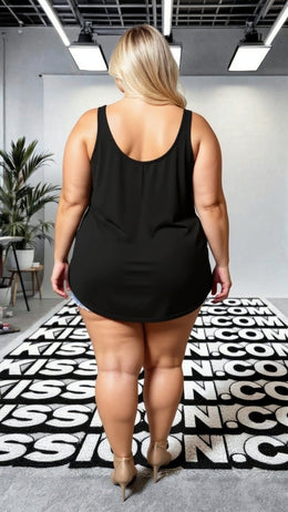 KissICON Plus Size Black Tank Top with Leopard Print Pocket & Straps