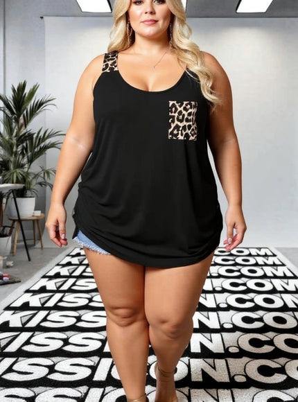 KissICON Plus Size Black Tank Top with Leopard Print Pocket & Straps