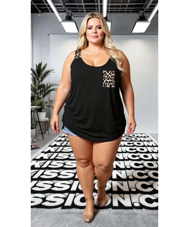 KissICON Plus Size Black Tank Top with Leopard Print Pocket & Straps