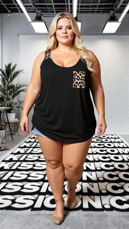 KissICON Plus Size Black Tank Top with Leopard Print Pocket & Straps
