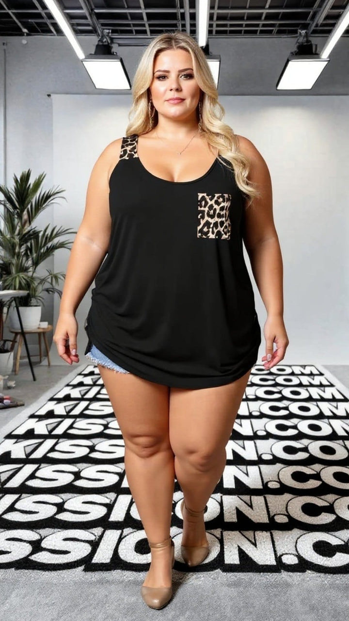Plus Size Black Tank Top with Leopard Print Pocket & Straps
