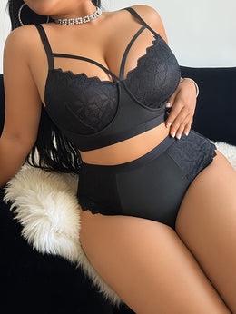 jkthpu-45 Plus Size Black Temptation Lace Sexy Lingerie Set