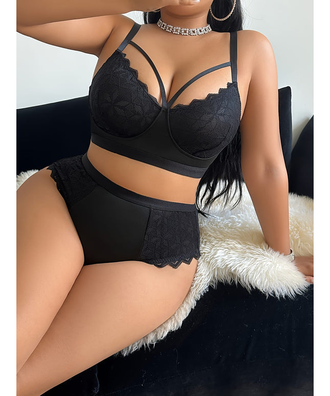 jkthpu-45 Plus Size Black Temptation Lace Sexy Lingerie Set