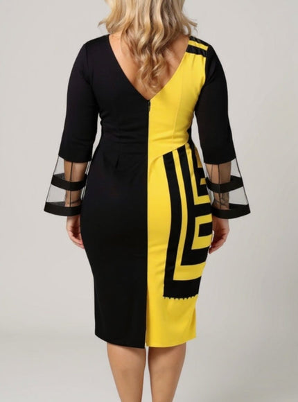 KISSICON Plus Size Black & Yellow Bodycon Midi Dress
