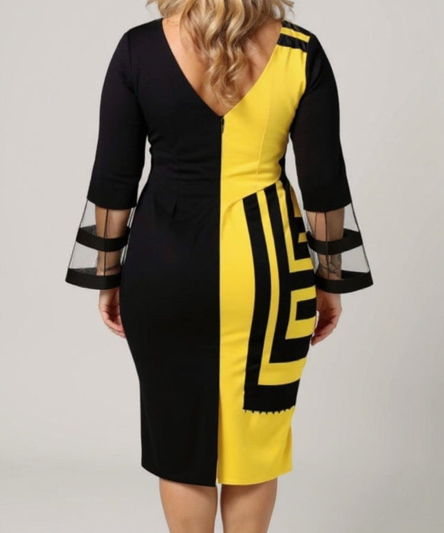 KISSICON Plus Size Black & Yellow Bodycon Midi Dress