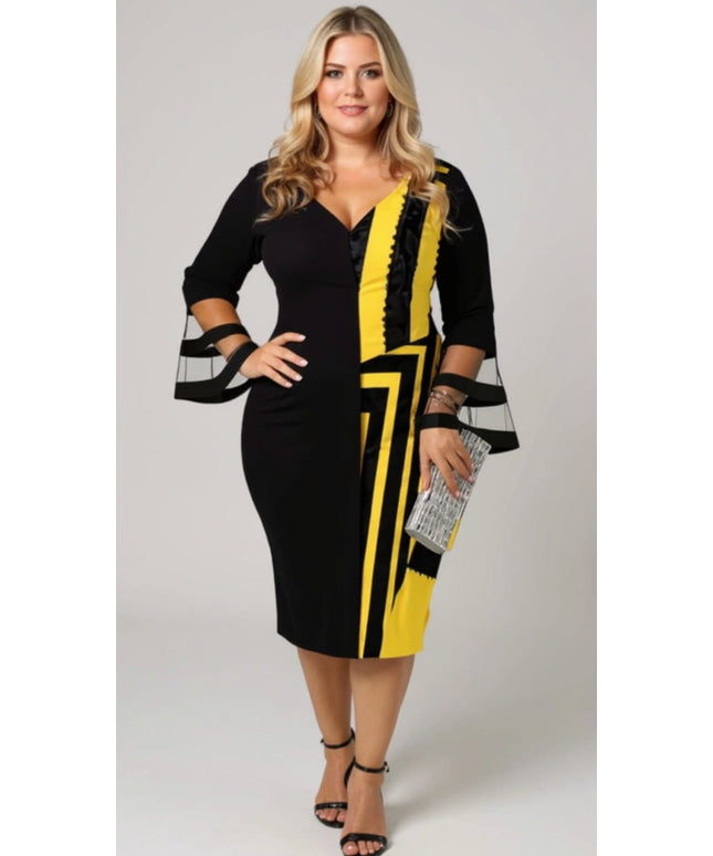 KISSICON Plus Size Black & Yellow Bodycon Midi Dress