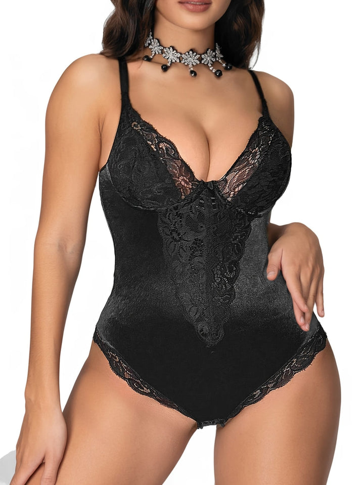 Plus Size Bodysuit with Contrast Lace, Sexy Lingerie,