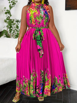 jkthpu-45 Plus Size Bohemian Tropical Print Halter Neck Dress with Ruching - Vibrant Orange & Green Leaf Pattern, Lightweight Summer Casual Vacation Dress for Women, Machine Washable, Casual Summer Dresses