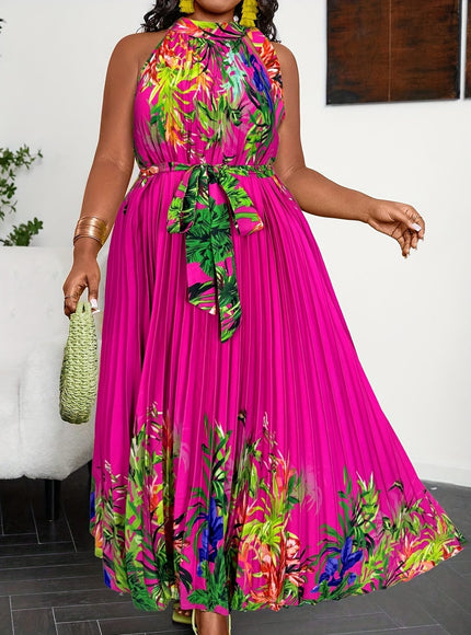 jkthpu-45 Plus Size Bohemian Tropical Print Halter Neck Dress with Ruching - Vibrant Orange & Green Leaf Pattern, Lightweight Summer Casual Vacation Dress for Women, Machine Washable, Casual Summer Dresses