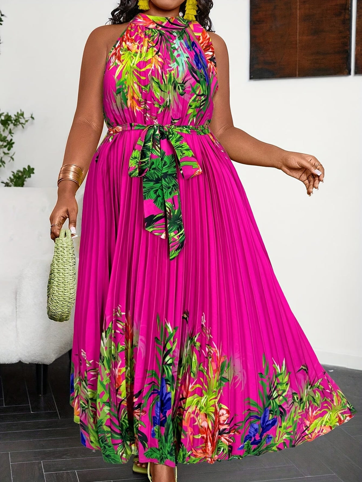 jkthpu-45 Plus Size Bohemian Tropical Print Halter Neck Dress with Ruching - Vibrant Orange & Green Leaf Pattern, Lightweight Summer Casual Vacation Dress for Women, Machine Washable, Casual Summer Dresses