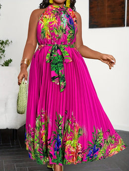 jkthpu-45 Plus Size Bohemian Tropical Print Halter Neck Dress with Ruching - Vibrant Orange & Green Leaf Pattern, Lightweight Summer Casual Vacation Dress for Women, Machine Washable, Casual Summer Dresses