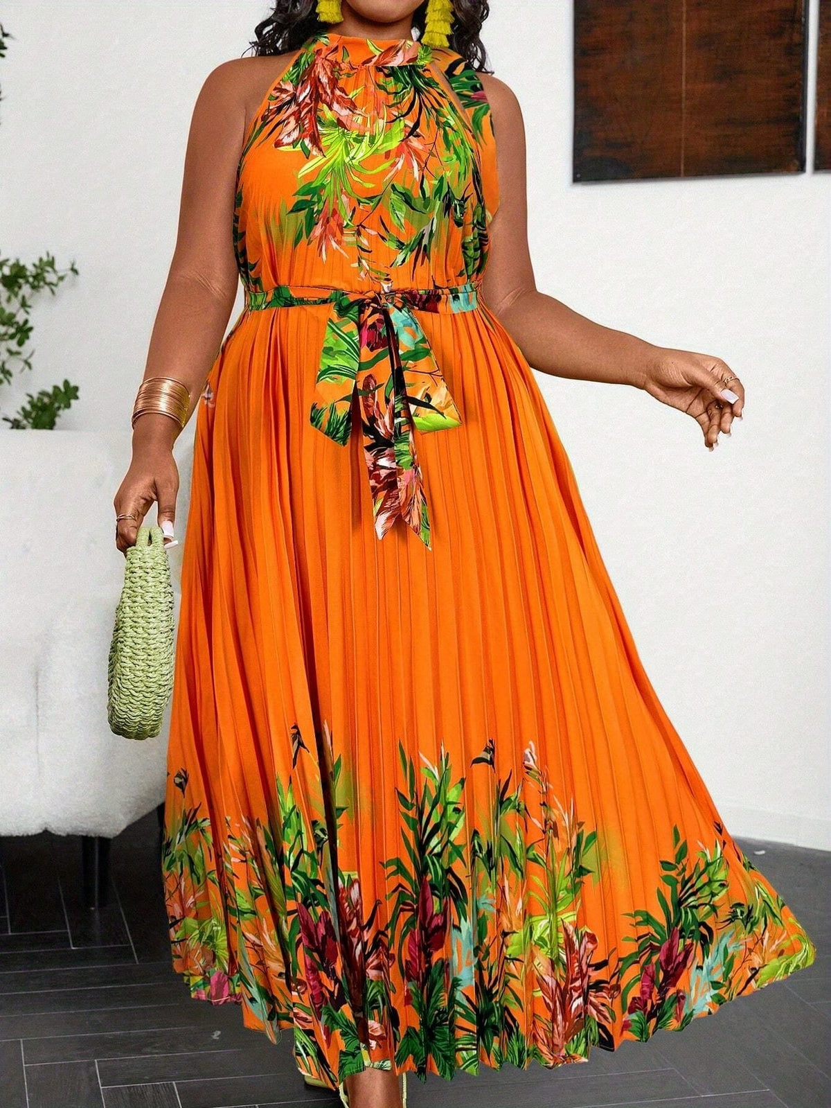 jkthpu-45 Plus Size Bohemian Tropical Print Halter Neck Dress with Ruching - Vibrant Orange & Green Leaf Pattern, Lightweight Summer Casual Vacation Dress for Women, Machine Washable, Casual Summer Dresses