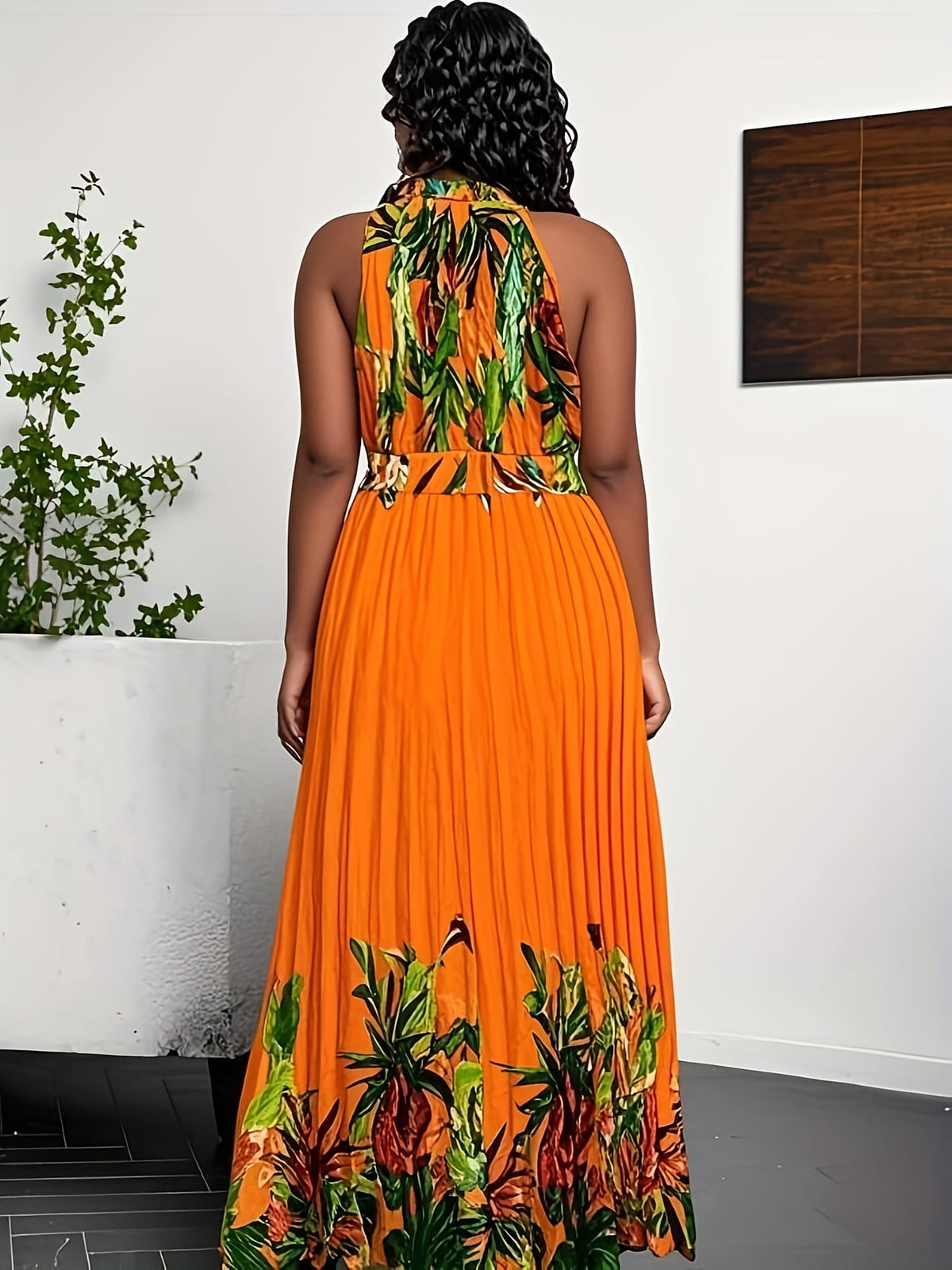 jkthpu-45 Plus Size Bohemian Tropical Print Halter Neck Dress with Ruching - Vibrant Orange & Green Leaf Pattern, Lightweight Summer Casual Vacation Dress for Women, Machine Washable, Casual Summer Dresses