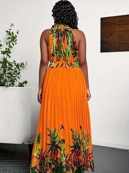 jkthpu-45 Plus Size Bohemian Tropical Print Halter Neck Dress with Ruching - Vibrant Orange & Green Leaf Pattern, Lightweight Summer Casual Vacation Dress for Women, Machine Washable, Casual Summer Dresses