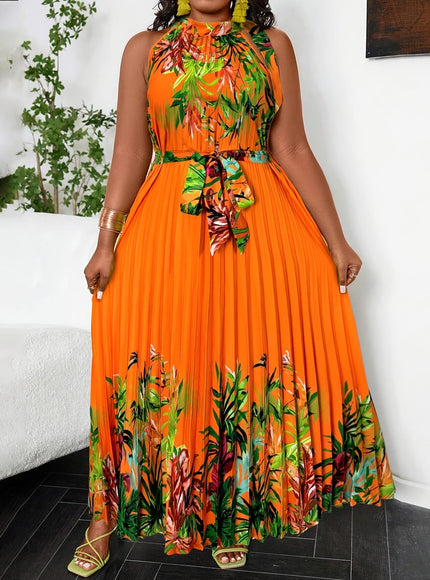 jkthpu-45 Plus Size Bohemian Tropical Print Halter Neck Dress with Ruching - Vibrant Orange & Green Leaf Pattern, Lightweight Summer Casual Vacation Dress for Women, Machine Washable, Casual Summer Dresses