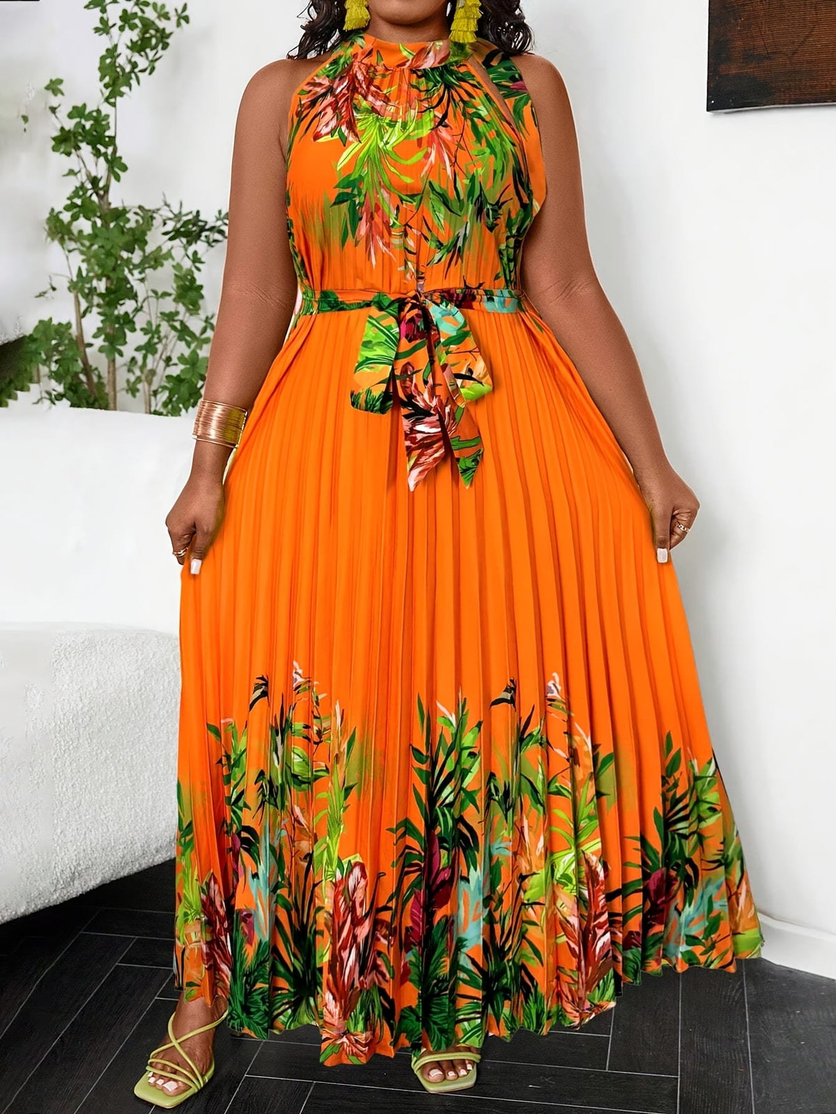 jkthpu-45 Plus Size Bohemian Tropical Print Halter Neck Dress with Ruching - Vibrant Orange & Green Leaf Pattern, Lightweight Summer Casual Vacation Dress for Women, Machine Washable, Casual Summer Dresses