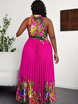 jkthpu-45 Plus Size Bohemian Tropical Print Halter Neck Dress with Ruching - Vibrant Orange & Green Leaf Pattern, Lightweight Summer Casual Vacation Dress for Women, Machine Washable, Casual Summer Dresses