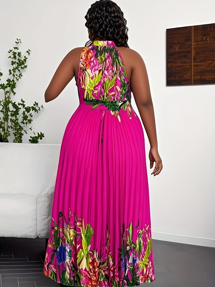 Plus Size Bohemian Tropical Print Halter Neck Dress with Ruching - Vibrant Orange & Green Leaf Pattern, Lightweight Summer Casual Vacation Dress for Women, Machine Washable, Casual Summer Dresses