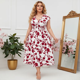 jkthpu-45 Plus Size Boho Floral VNeck Summer Vacation Maxi Dress