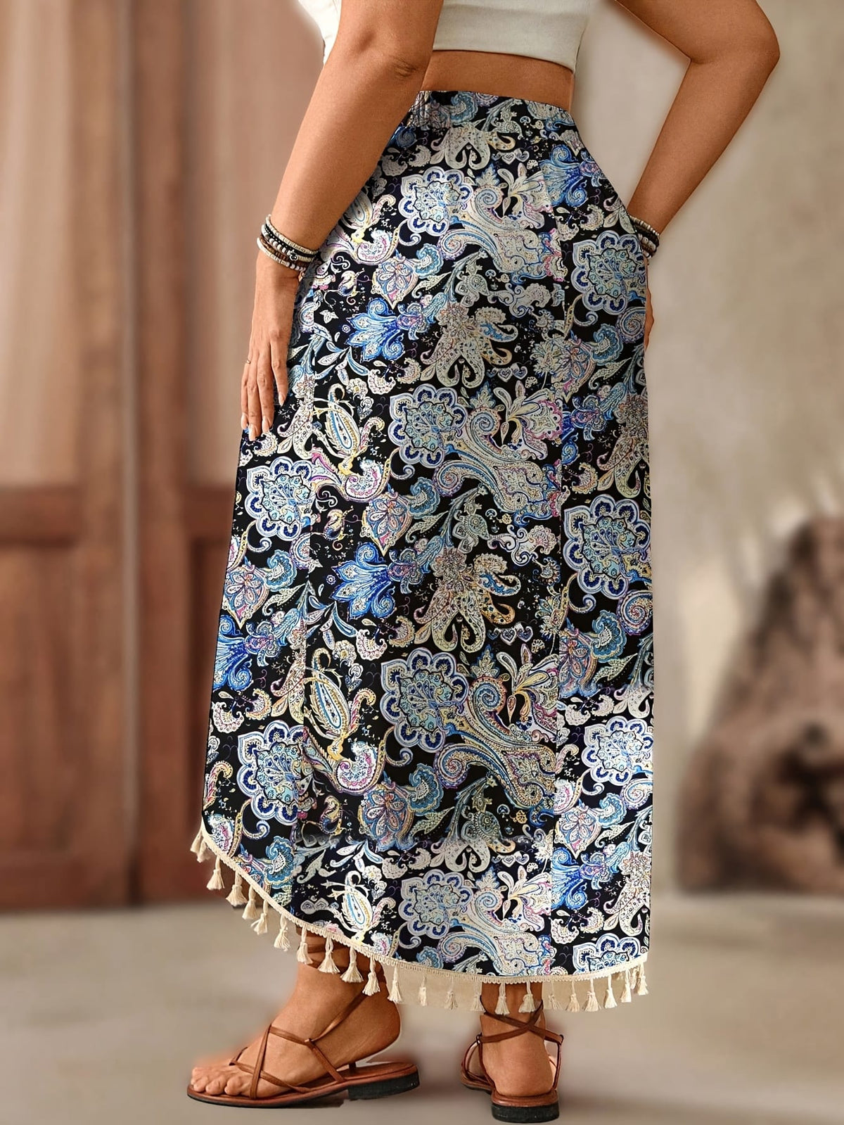 KissICON Plus Size Boho Print Vacation Cross Fringe Skirt