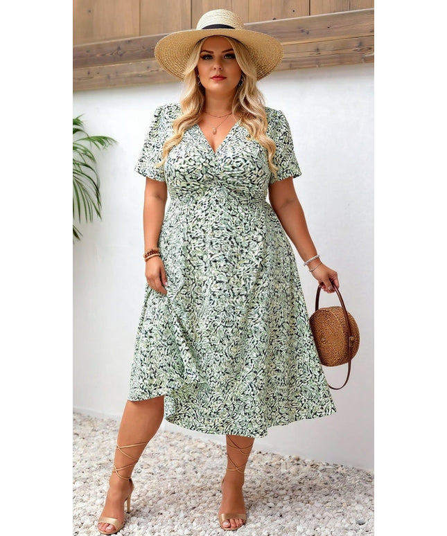 KissICON Plus Size Bridgerton-Inspired V-Neck Summer Dress – Short Sleeve Boho Holiday Style