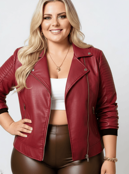 jkthpu-45 Plus Size Brown PU Moto Jacket SpringFall Riders Essential