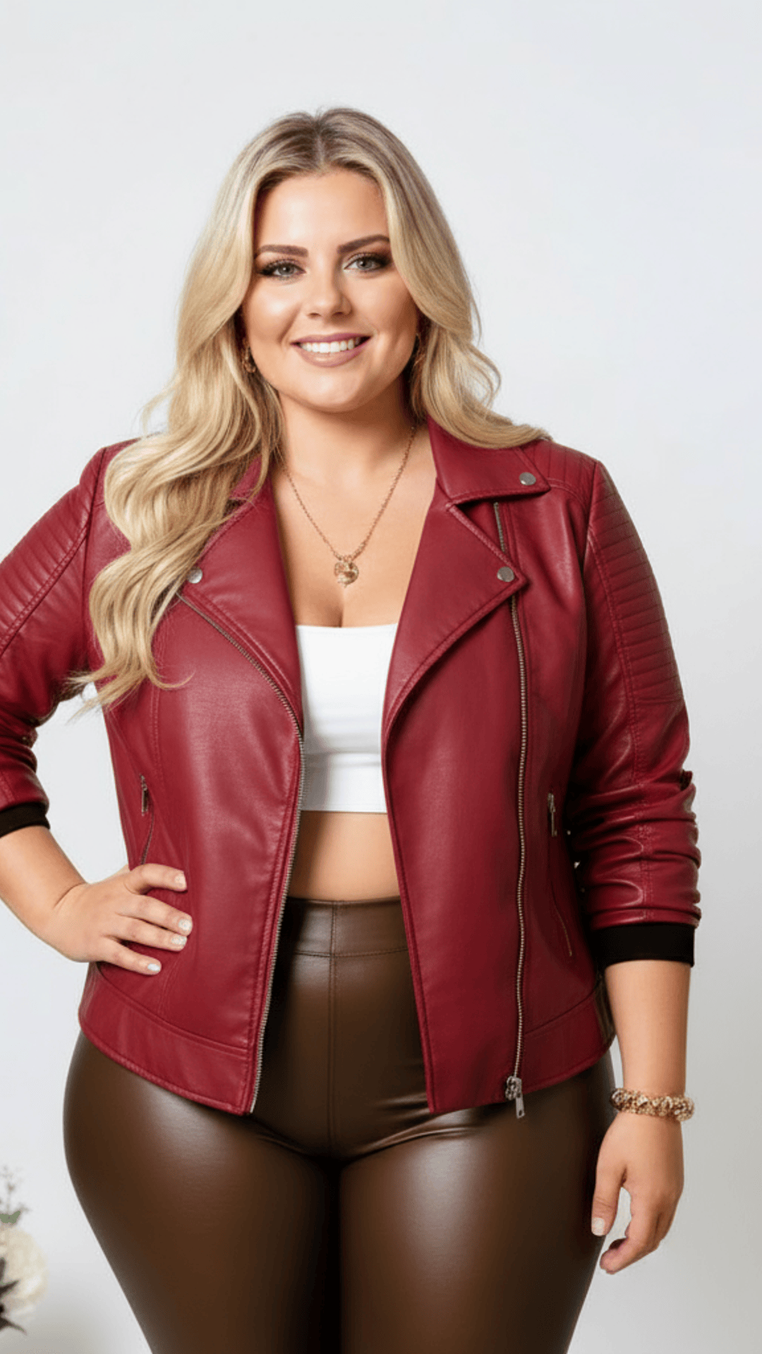 jkthpu-45 Plus Size Brown PU Moto Jacket SpringFall Riders Essential