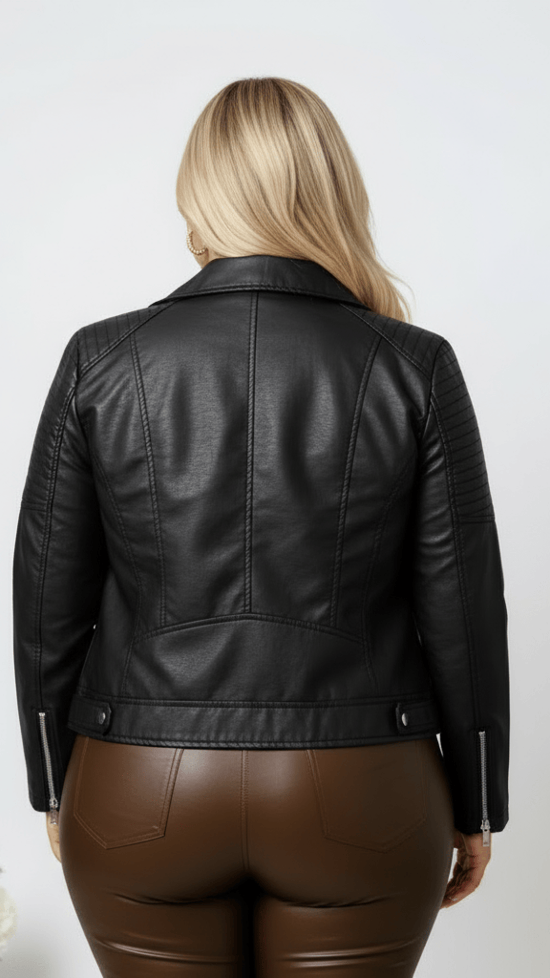jkthpu-45 Plus Size Brown PU Moto Jacket SpringFall Riders Essential