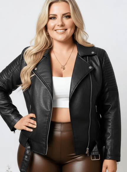 jkthpu-45 Plus Size Brown PU Moto Jacket SpringFall Riders Essential