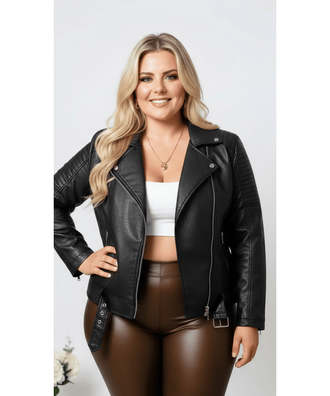 jkthpu-45 Plus Size Brown PU Moto Jacket SpringFall Riders Essential