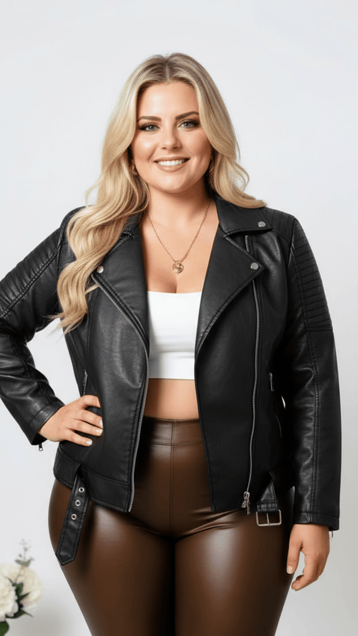 Plus Size Brown PU Moto Jacket SpringFall Riders Essential
