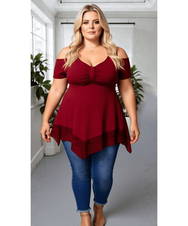 KissICON Plus Size Burgundy Cold Shoulder Lace Hem Tunic Top