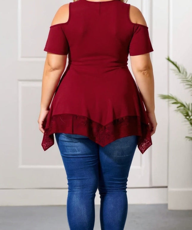 KissICON Plus Size Burgundy Cold Shoulder Lace Hem Tunic Top