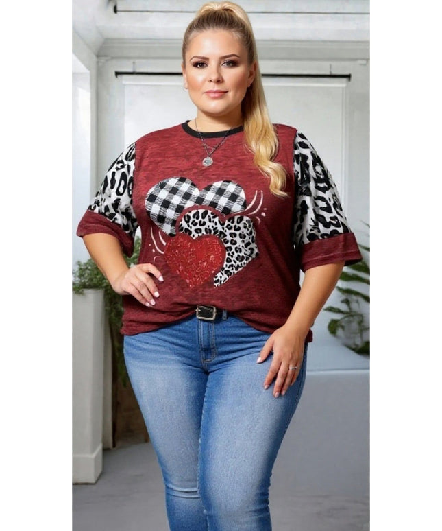 KissICON Plus Size Burgundy Graphic Heart Print T-Shirt – Casual Short Sleeve Top