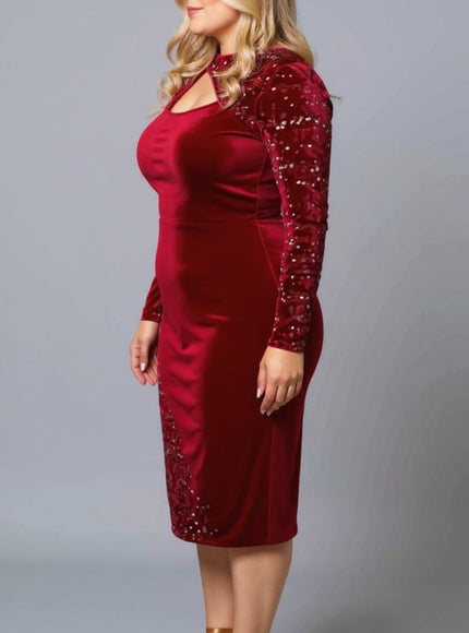 KISSICON Plus Size Burgundy Velvet Sequin Bodycon Midi Dress