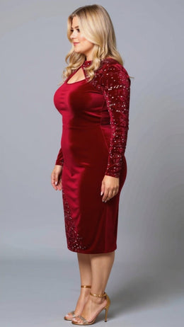 KISSICON Plus Size Burgundy Velvet Sequin Bodycon Midi Dress